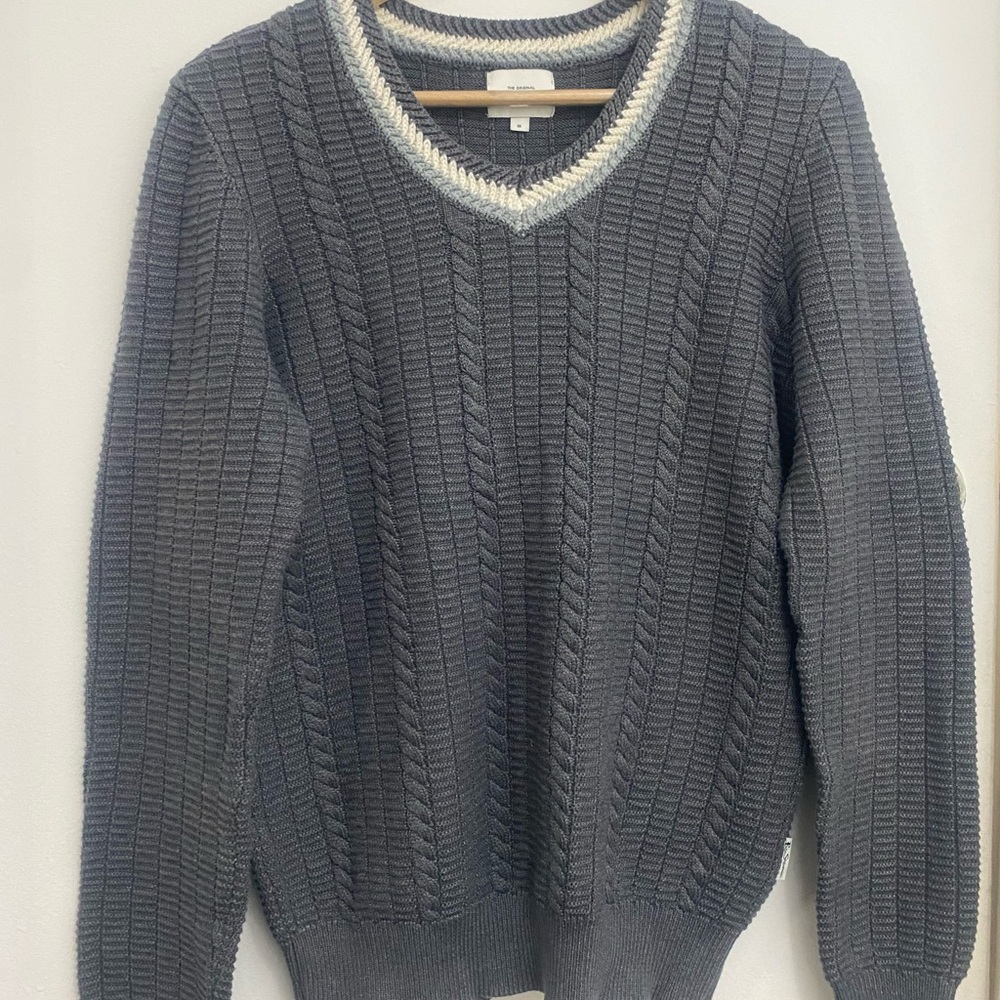 Ben Sherman Charcoal V-Neck Sweater with Ivory Trim